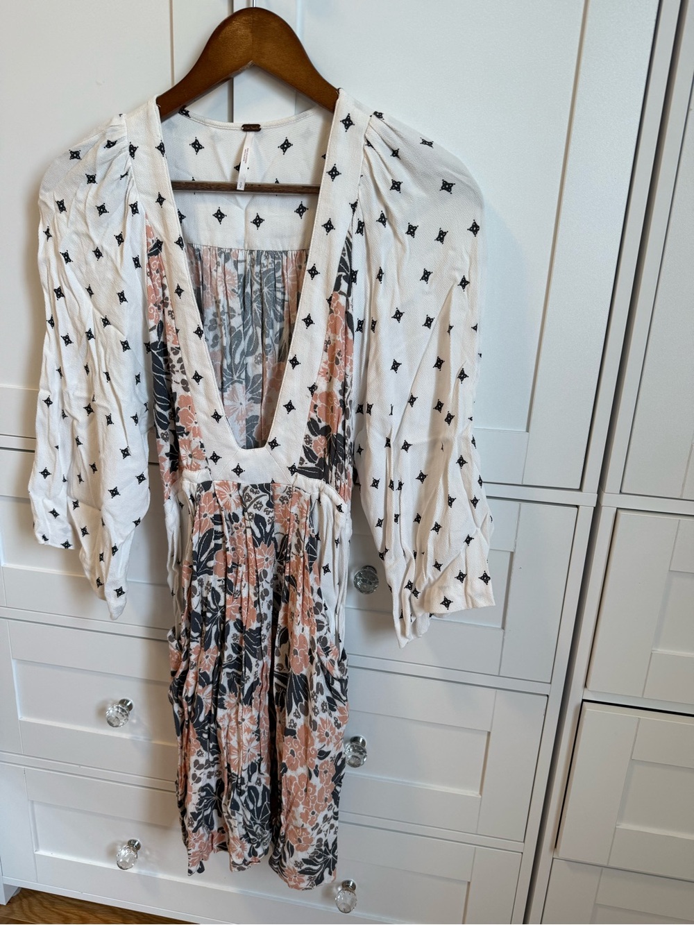 Free People White, Blue & Blush Floral V-Neck Midi Dress